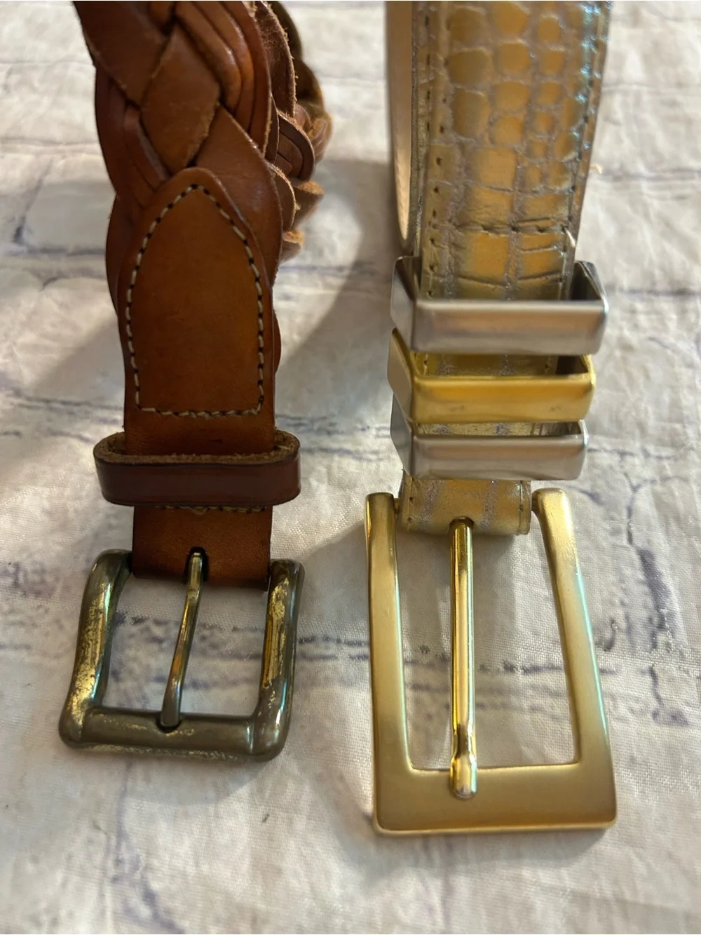 ELITE VTG GOLD METALLIC SKIN PRINT AND EDDIE BAUER BROWN LEATHER BRAIDED BELTS